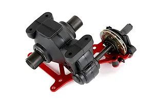 Rovan 1/5 scale Baja plastic gear differential transmission assembly with red alloy chassis plate and brake disc.