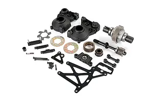 A collection of Rovan 1/5 scale Baja RC car transmission and differential assembly parts, including plastic housing, metal gears, and mounting hardware.