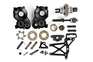 A collection of Rovan 1/5 Baja transmission and differential assembly parts laid out on a white background.