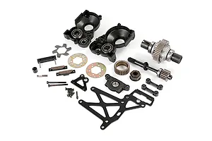 A Rovan 1/5 scale Baja plastic gear differential transmission assembly kit laid out on a white background.