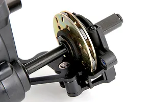 A close-up of a Rovan 1/5 scale RC Baja transmission assembly featuring a metal brake disc and black plastic housing components.