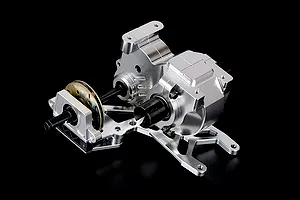 A silver aluminium gear differential transmission assembly for a 1/5 scale RC car, featuring a metal housing and drive shaft components.