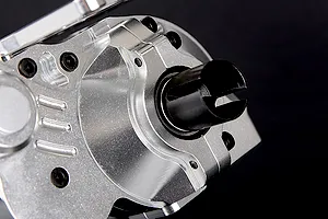 Close-up of a silver aluminium gear differential transmission assembly for a 1/5 scale RC car.