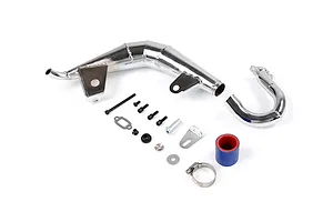Rovan chrome steel tuned exhaust pipe set for RC cars, including pipe sections, mounting hardware, silicone coupler, and hose clamp on a white background.