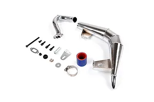 Rovan chrome steel tuned exhaust pipe set for Losi 5IVE-T including manifold, pipe, silicone coupler, and mounting hardware on a white background.