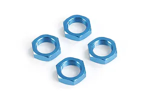 Four blue anodized aluminium hex wheel nuts for RC vehicles arranged on a white background.
