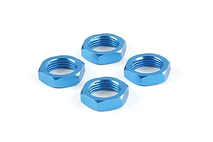 Four blue anodized aluminium hex wheel nuts arranged in a diamond pattern on a white background.