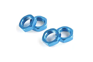 Four blue anodized aluminium hex wheel nuts arranged on a white background.