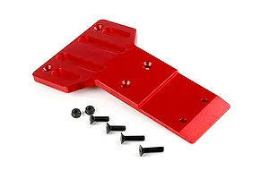 A red anodized aluminium front skid plate for an RC car, shown with four black countersunk screws and two nylon lock nuts on a white background.