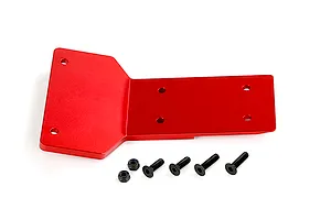 A red anodized aluminium front skid plate for an RC car, shown with four black screws and two lock nuts on a white background.