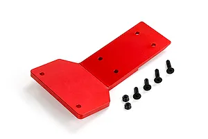 A red anodized aluminium front skid plate for an RC car, shown with four black hex screws and two lock nuts on a white background.