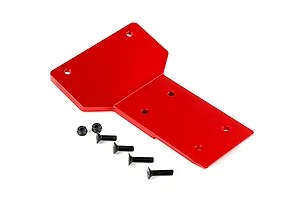 A red anodized aluminium front skid plate for an RC car, shown with two lock nuts and four flat-head screws on a white background.