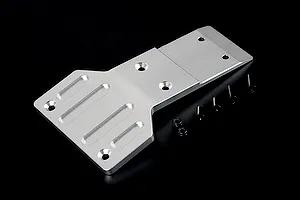 Rovan silver aluminium front skid plate for RC cars with included black screws and lock nuts on a black background.