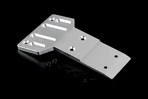 A silver aluminium front skid plate for an RC car, shown with four black screws and two nuts on a black background.