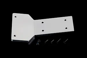 A silver aluminium front skid plate for an RC car, shown with four black screws and two small nuts on a dark background.