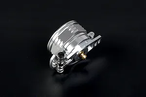 A silver Rovan aluminium leak-proof fuel tank cap for RC vehicles, featuring a hinged design and brass fitting on a dark background.