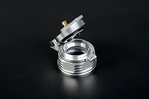 A silver Rovan aluminium leak-proof fuel tank cap for RC cars, shown in an open position against a dark background.