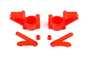 A set of bright red Rovan nylon RC front steering hubs and associated suspension components on a white background.