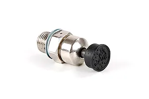 A Rovan Baja 71cc pressure reducing valve featuring a silver metal threaded body and a black rubber push-button cap.