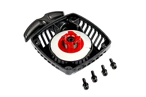 A black plastic pull start assembly for a 1/5 scale RC engine, featuring a red anodized metal center hub and four included mounting screws.