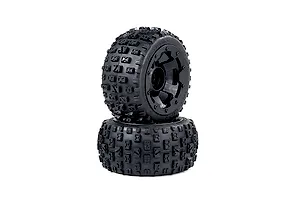 Two Rovan Baja 5B rear Wasteland tyres mounted on black beadlock rims stacked vertically against a white background.