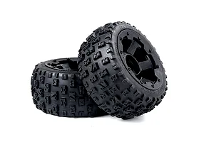 Two Rovan 1/5 scale RC buggy rear wheels with black beadlock rims and aggressive Wasteland tread pattern tires against a white background.