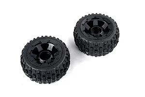 Two Rovan Baja 5B rear Wasteland tyres mounted on black beadlock rims, viewed from an elevated angle against a white background.