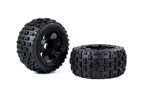 Two Rovan Baja 5B rear Wasteland tyres mounted on black beadlock rims, shown from side and angled views against a white background.
