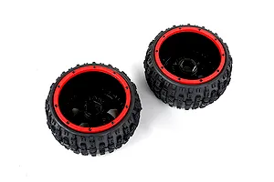 Two Rovan Wasteland 2nd Gen RC buggy rear wheels with black knobby rubber tyres and black rims featuring red beadlock-style rings.