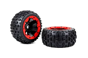 Two Rovan Wasteland 2nd Gen RC buggy rear wheels with black knobby tires and red beadlock-style rims against a white background.