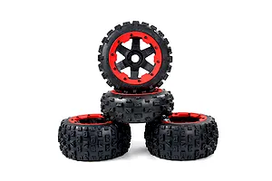 A set of four Rovan Baja 5B RC buggy wheels with black knobby tires and red beadlock rims stacked against a white background.
