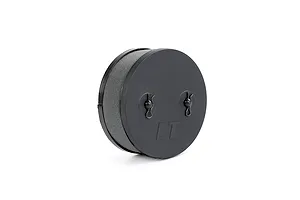 A black circular RC air filter assembly with a foam element and two R-clips on the front cover, marked with LT.