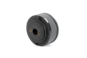 A black Rovan LT air filter assembly with a cylindrical foam element and a plastic mounting base featuring two brass-lined screw holes.