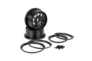 A set of black Rovan Generation 4 RC wheel hubs, including two wheel rims, two beadlock rings, and a small pile of mounting screws on a white background.