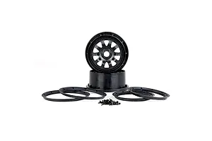 A set of black Rovan Generation 4 RC wheel hubs, including rims, beadlock rings, and mounting screws on a white background.
