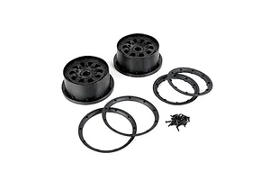 A set of two black Rovan Generation 4 RC wheel hubs with beadlock rings and mounting screws on a white background.