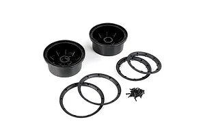 Rovan Generation 4 black beadlock wheel hub kit including two rims, two beadlock rings, and a set of mounting screws.