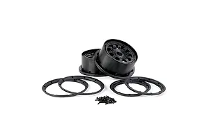 A set of black Rovan Generation 4 RC wheel hubs, including two wheel rims, four beadlock rings, and a small pile of mounting screws on a white background.