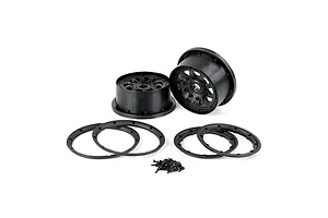 A set of black Rovan Generation 4 RC wheel hubs, including two main rims, four beadlock rings, and a small pile of mounting screws on a white background.
