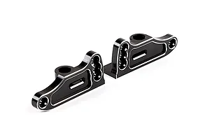 A pair of black anodized aluminium rear wing mounts for an RC car, featuring silver machined edges.