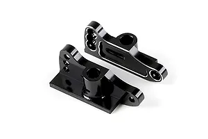 A pair of black anodized aluminium rear wing mounts for an RC car, featuring machined edges and multiple mounting holes.