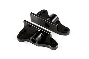 Two black aluminium RC rear wing mounts shown from a high angle against a white background.