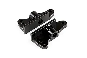 A pair of black anodized aluminium rear wing mounts for an RC car, shown from a high angle against a white background.