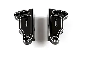 A pair of Rovan black anodized aluminium rear wing mounts for RC cars, featuring silver chamfered edges.