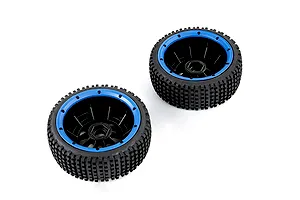 Two Rovan V5 Dirt Buster nail tread RC buggy tyres mounted on black wheels with blue beadlock rings against a white background.