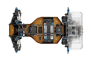 Top-down studio view of the bare chassis of a 1/10 scale 4WD electric RC buggy against a white background.