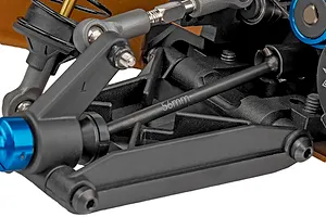 Close-up studio view of the RC car suspension arm, driveshaft marked 56mm, and linkage components on a white background.