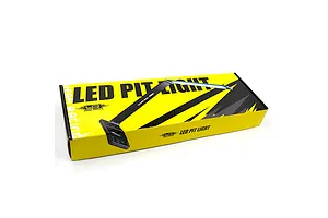 Retail packaging box for the Yeah Racing Aluminium LED Pit Light in yellow and black with bold typography.