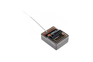 Spektrum SR615 2.4GHz 6-channel RC receiver in a dark translucent case with an attached wire antenna against a white background.