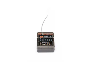 Spektrum SR615 6-channel RC receiver featuring a semi-transparent dark plastic case and an attached wire antenna against a clean white background.